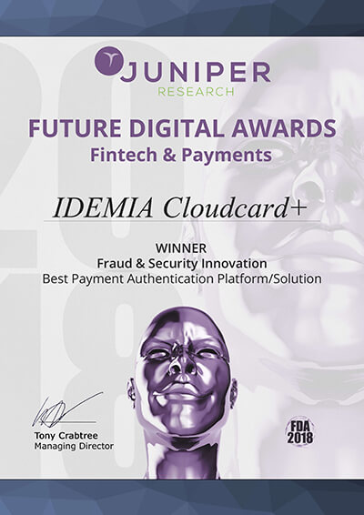 IDEMIA’s biometrics and mobile-based Cloudcard+ solution wins Best Payment Authentication Solution Award from JUNIPER research